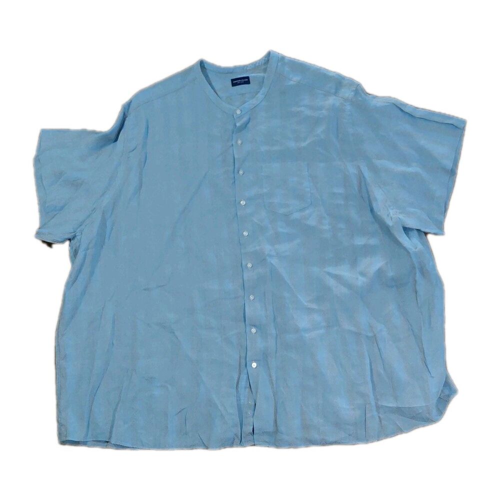 Proper Cloth Mens Linen Blend Blue Striped Mandarin Collar Short Sleeve Shirt 5X